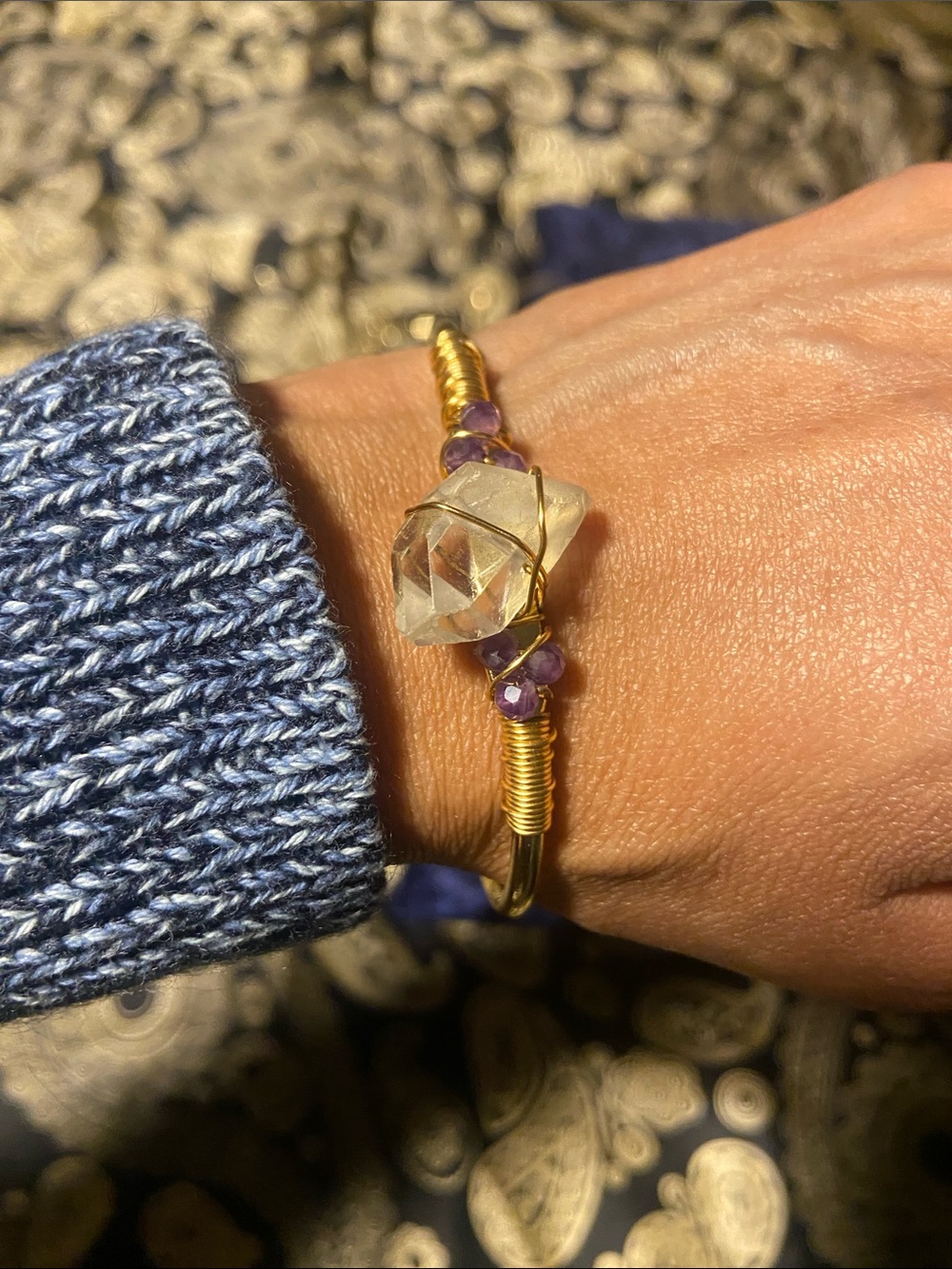 Gold Wire Crystal Bracelet with Purple amethyst Accent Beads